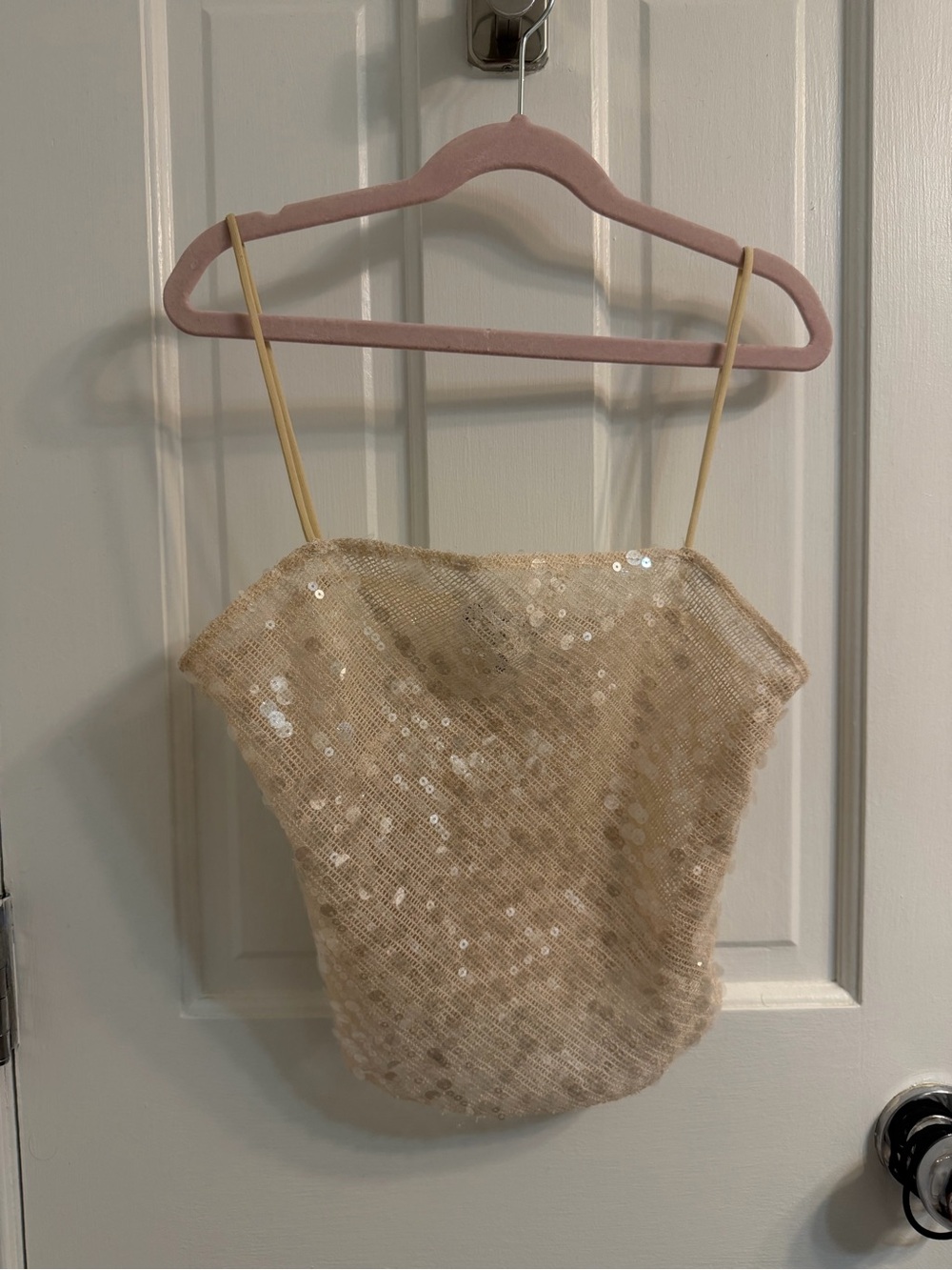 Zara Sequin Spaghetti-Strap Crop Top in Champagne Gold